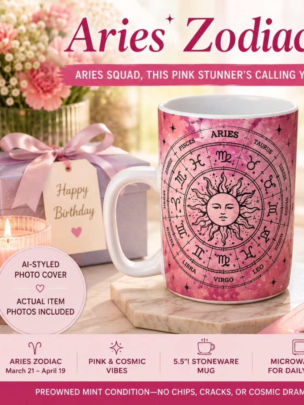 Aries Zodiac Mug - Pink - by Roscher